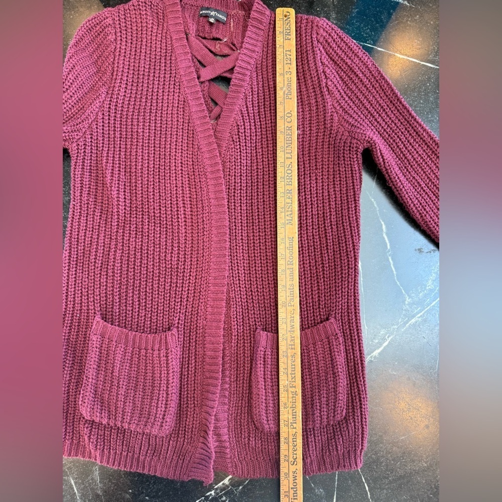 Almost Famous MEDIUM Burgundy Knit Cardigan Sweater With Back Lace Up Detail - Picture 6 of 8